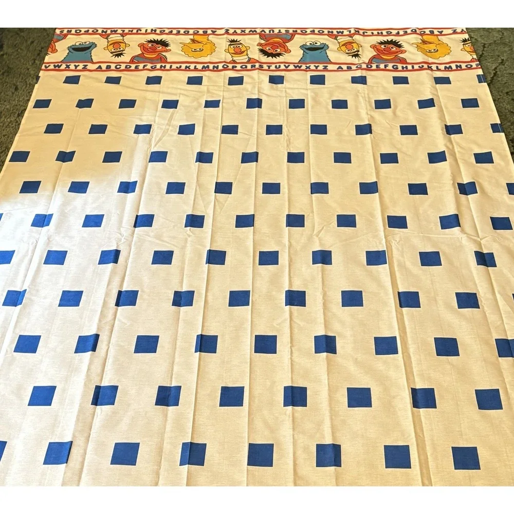 VTG Sesame Street Twin Size Flat Sheet Characters ABCs‎ Blue Checkers Classic